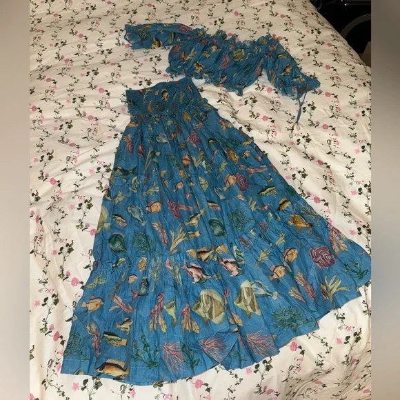 Alemais Otto Fish-Print Textured Cotton Crop Top and Maxi Blue Skirt